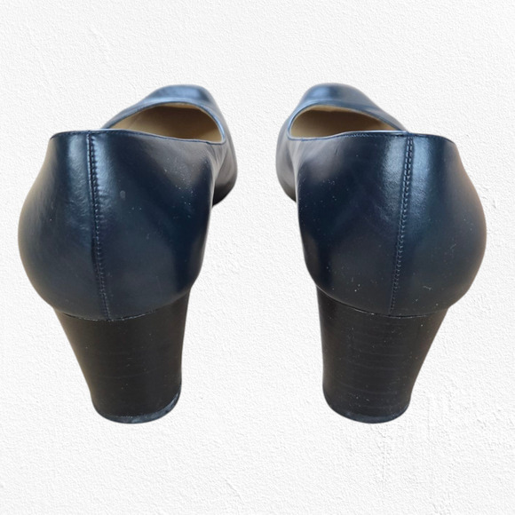 1990s Vintage Dark Navy Leather Square Toe Slip On Pump Block Heels Size 9.5 - Picture 4 of 10